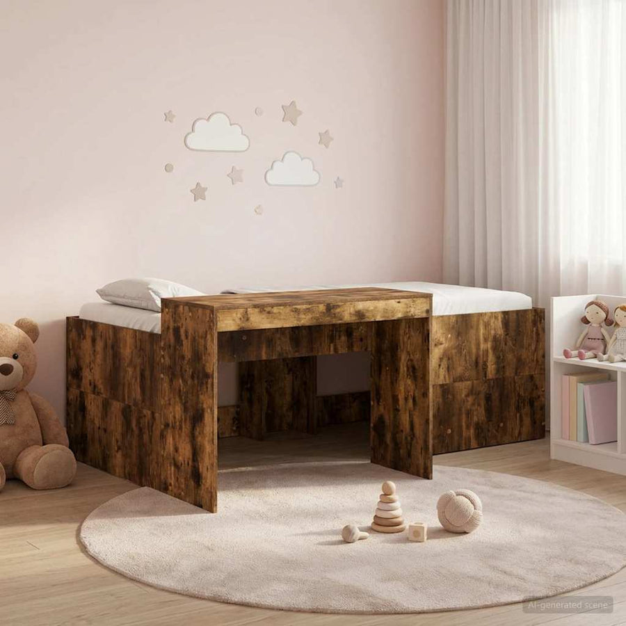 Hoge Bed Frame met Bureau voor Kinderen Gerookt eiken