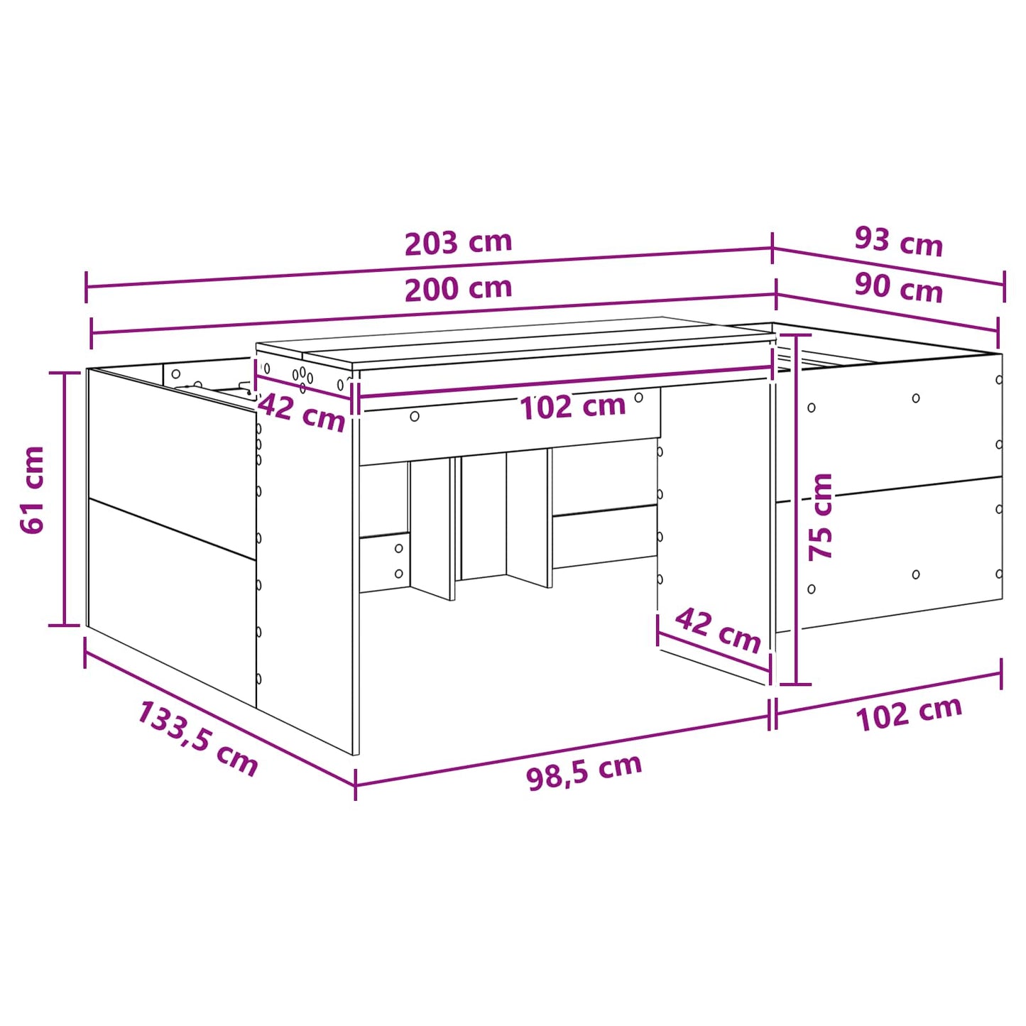 Hoge Bed Frame met Bureau voor Kinderen Wit 90 x 200 cm