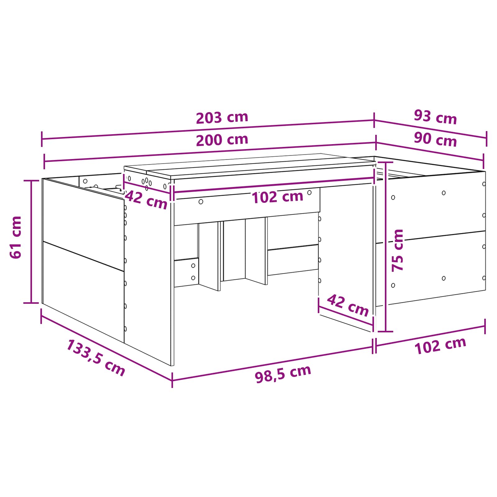 Hoge Bed Frame met Bureau voor Kinderen Wit 90 x 200 cm
