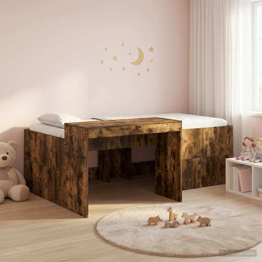 Hoge Bed Frame met Bureau voor Kinderen Gerookt eiken