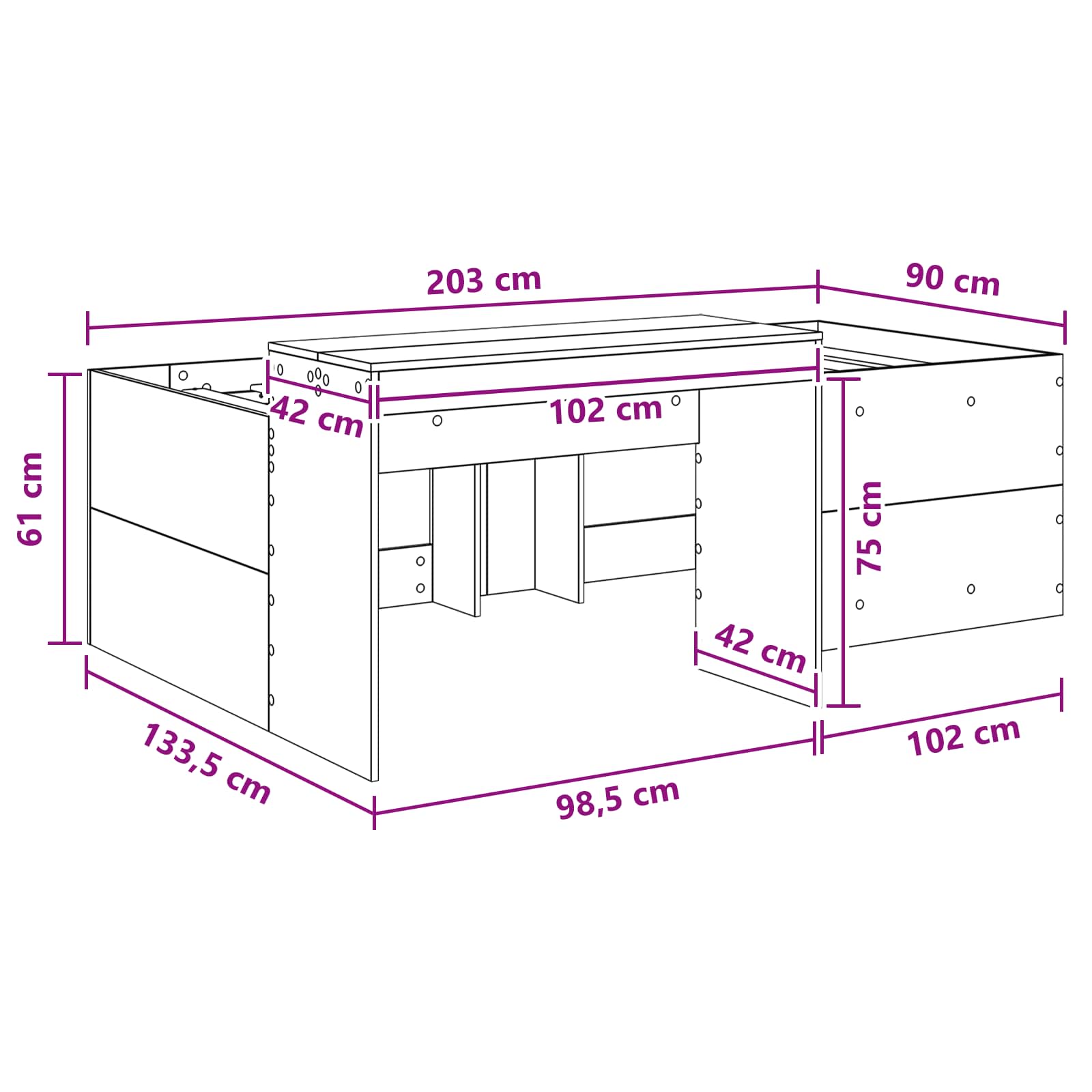 Hoge Bed Frame met Bureau voor Kinderen Grijs Sonoma