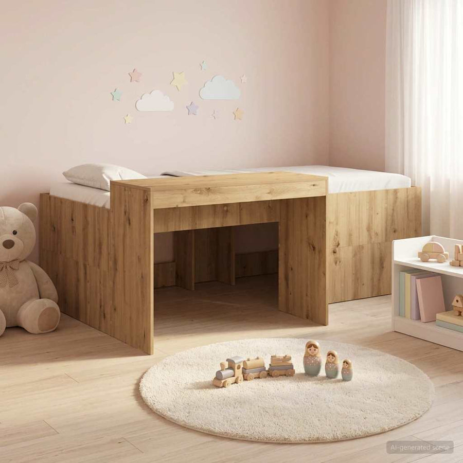 Hoge Bed Frame met Bureau voor Kinderen Artisanaal eiken