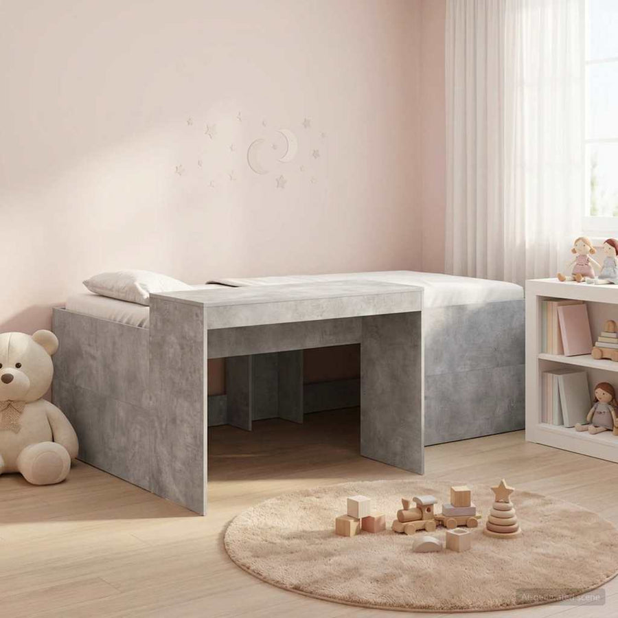 Hoge Bed Frame met Bureau voor Kinderen Betongrijs Bewerkt hout