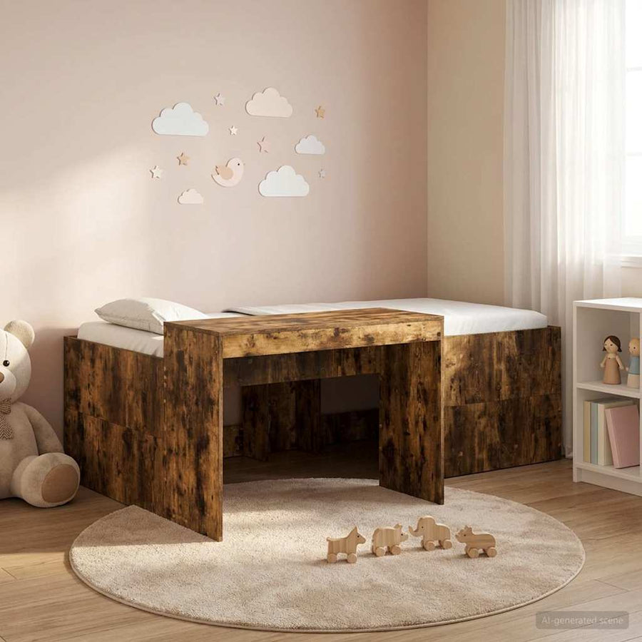 Hoge Bed Frame met Bureau voor Kinderen Gerookt eiken