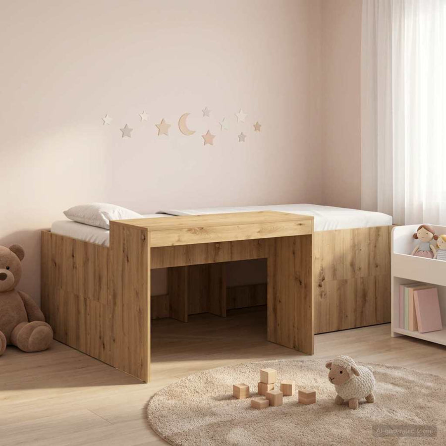Hoge Bed Frame met Bureau voor Kinderen Artisanaal eiken