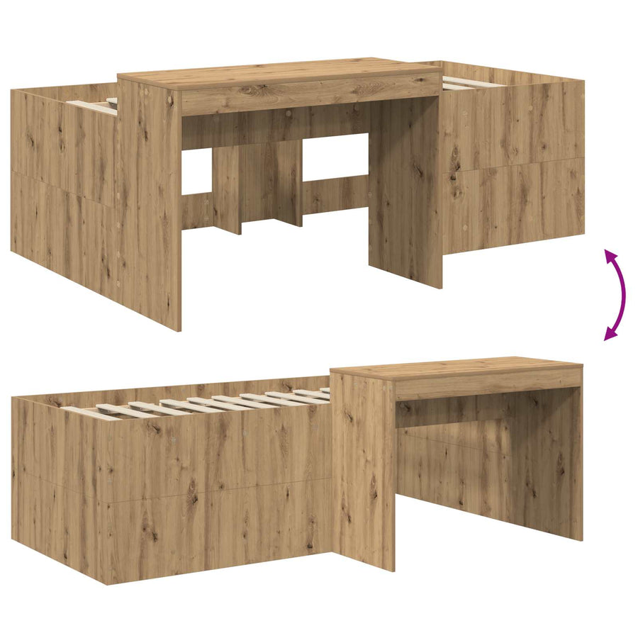 Hoge Bed Frame met Bureau voor Kinderen Artisanaal eiken