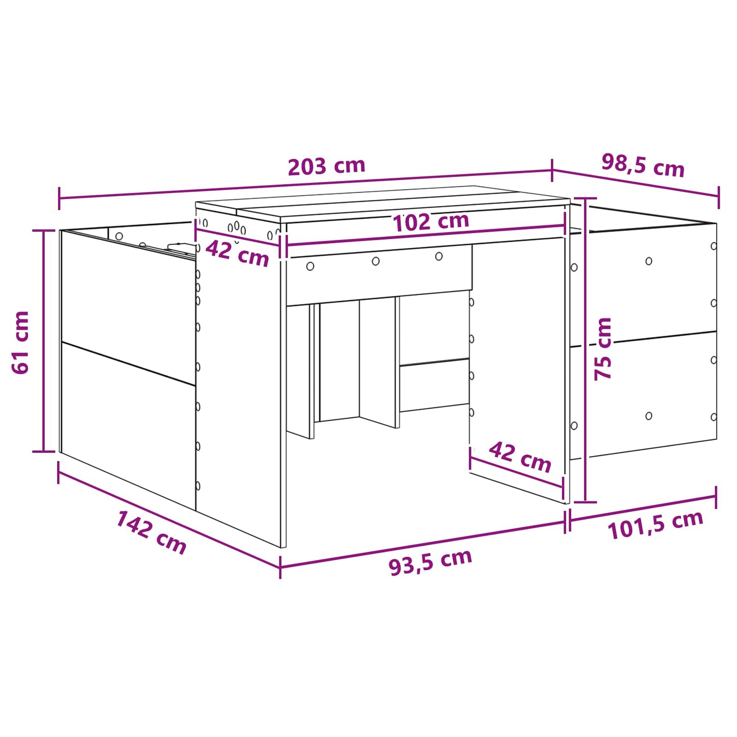 Hoge Bed Frame met Bureau voor Kinderen Artisanaal eiken