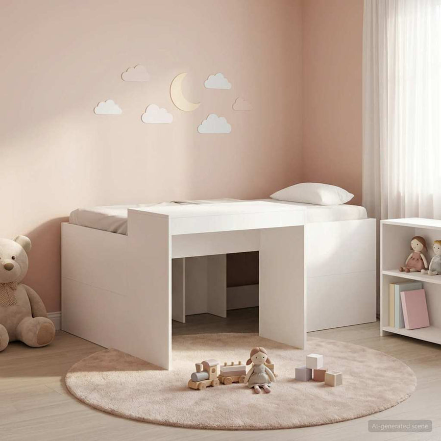 Hoge Bed Frame met Bureau voor Kinderen Wit Bewerkt hout