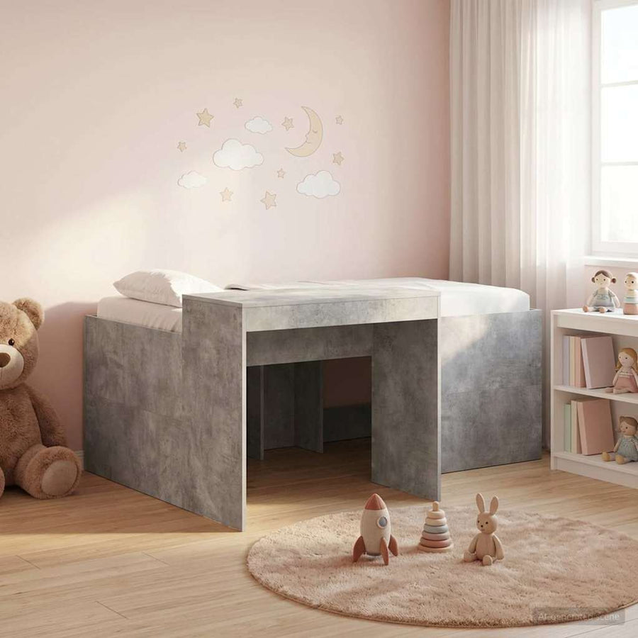 Hoge Bed Frame met Bureau voor Kinderen Betongrijs Bewerkt hout