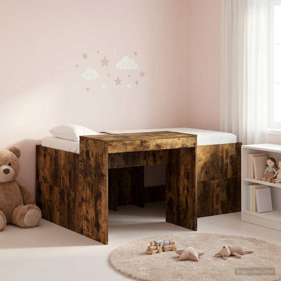 Hoge Bed Frame met Bureau voor Kinderen Gerookt eiken