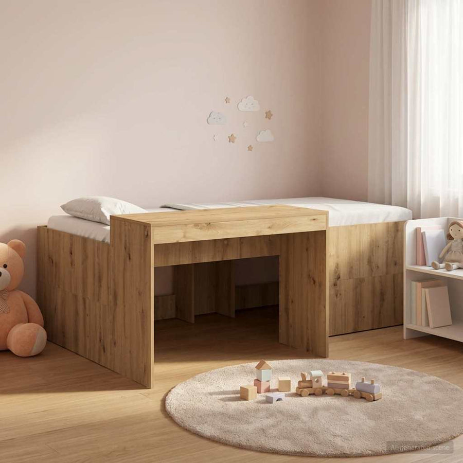 Hoge Bed Frame met Bureau voor Kinderen Artisanaal eiken