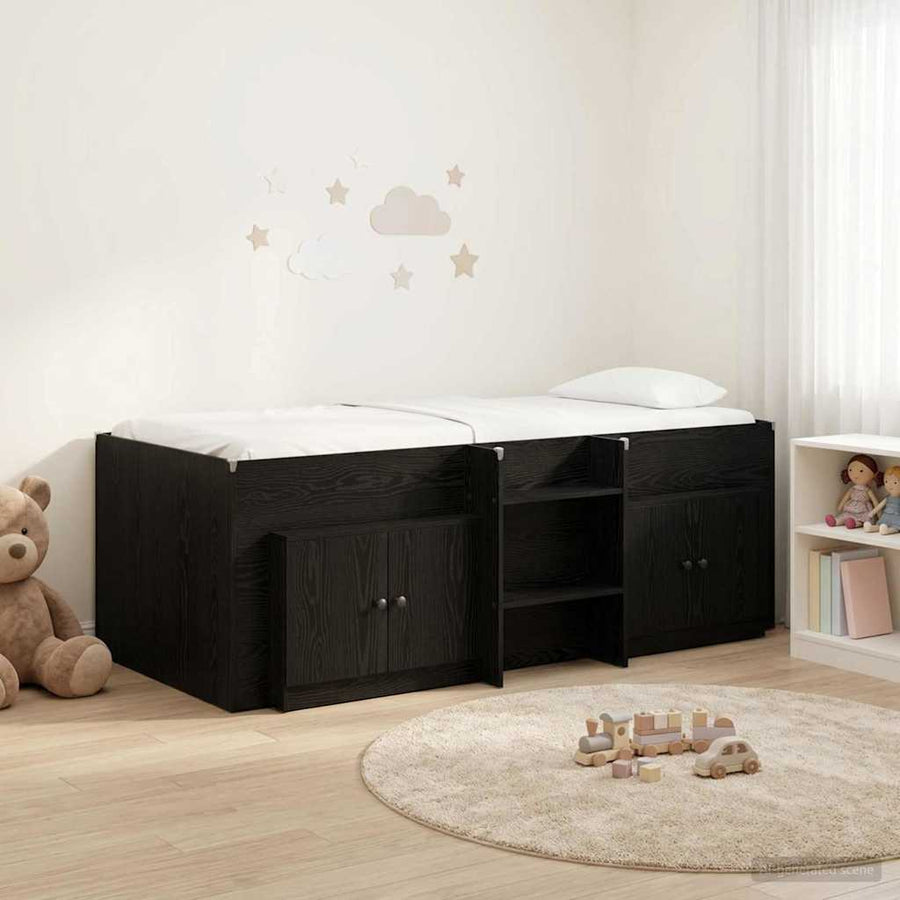 Loft Bed Frame met Kast met opslag 3 st Zwart Bewerkt hout