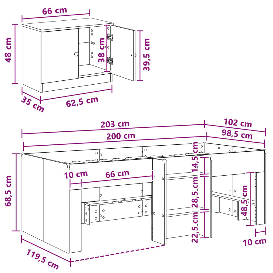 Loftbed frame met kast met opslag 3 pcs Wit Bewerkt hout