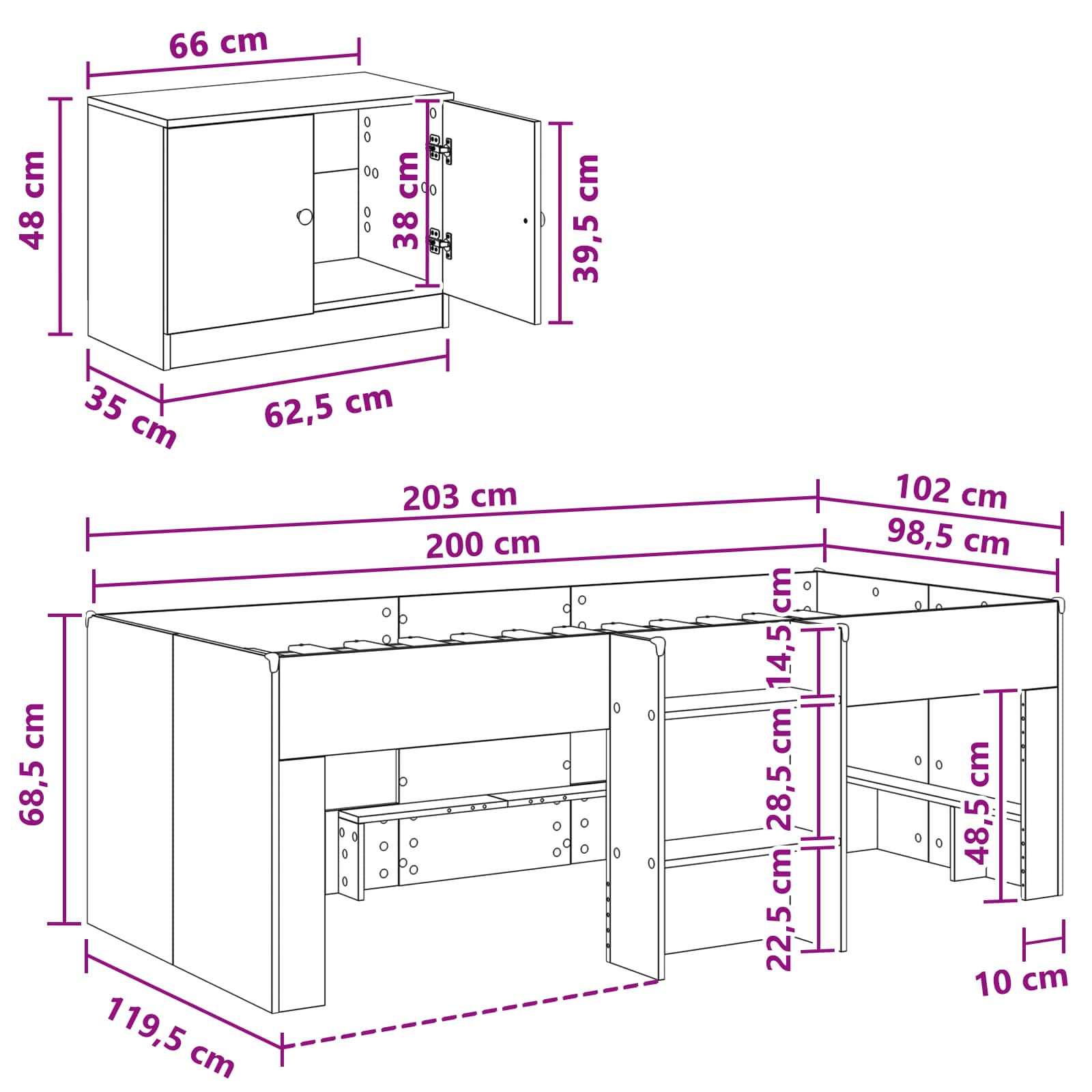 Loftbed frame met kast met opslag 3 st Betongrijs Bewerkt hout