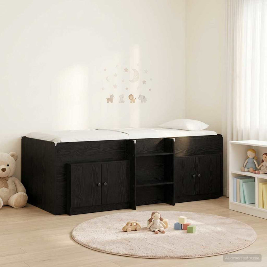 Loft Bed Frame met Kast met opslag 3 pcs Zwart Bewerkt hout