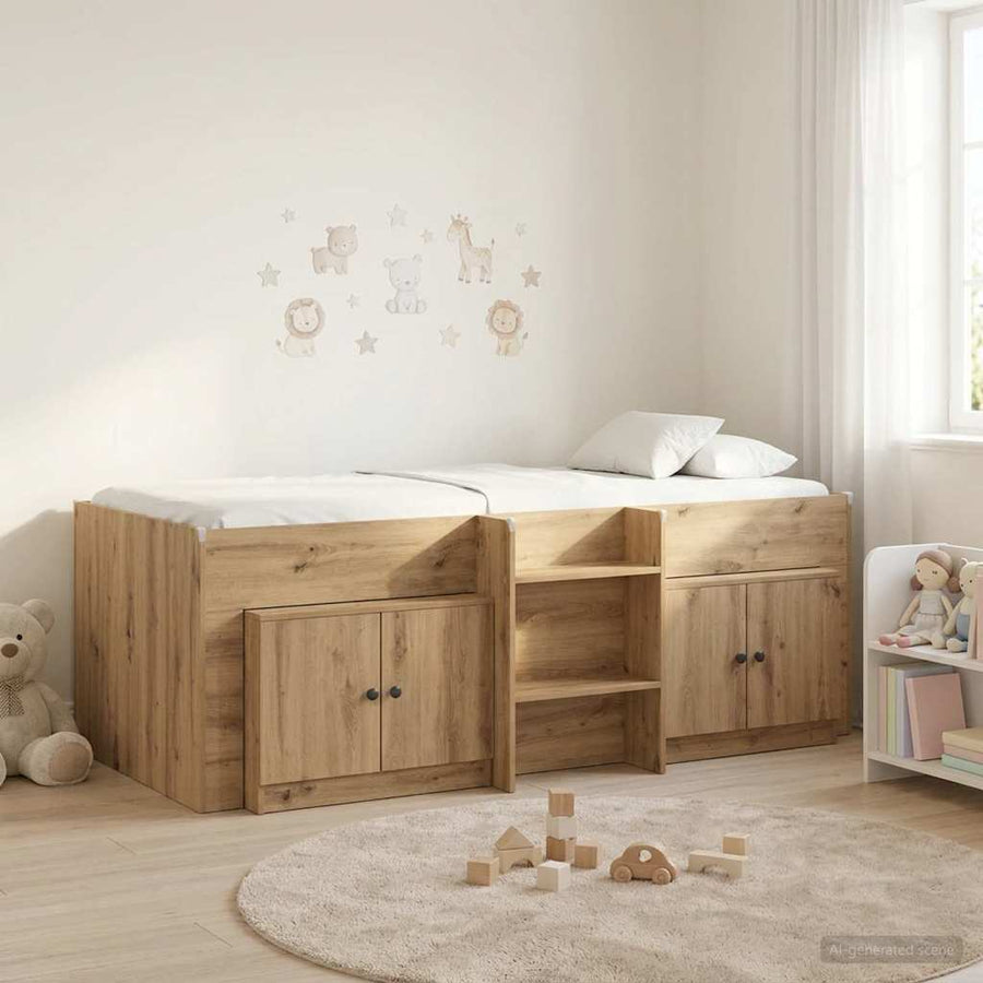 Loft Bed Frame met Kast 3 pcs Artisanaal eiken Bewerkt hout