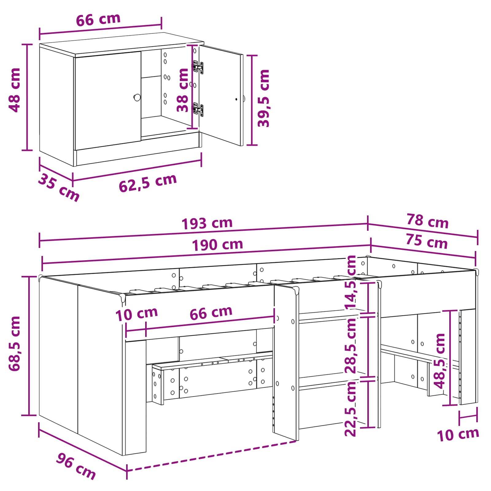 Loft Bed Frame met Kast met opslag 3 pcs Wit Bewerkt hout