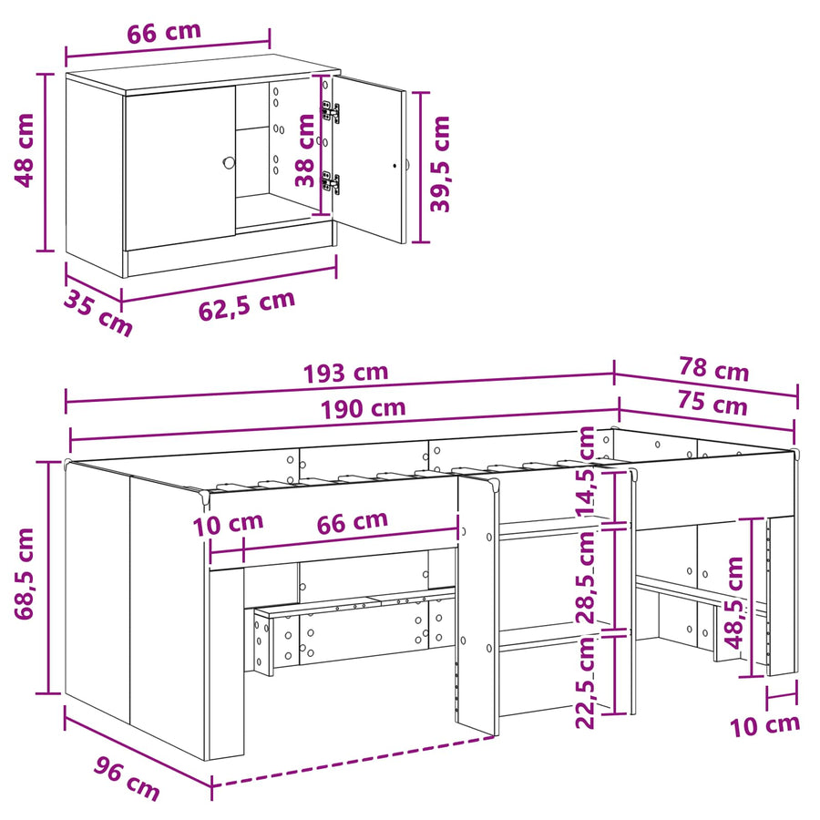 Loft Bed Frame met Kast met opslag 3 pcs Wit Bewerkt hout
