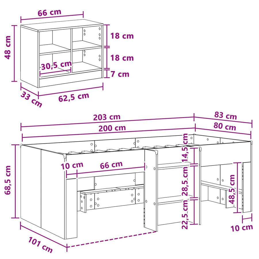 Loft Bed Frame met Kast met plank 3 pcs Wit Bewerkt hout