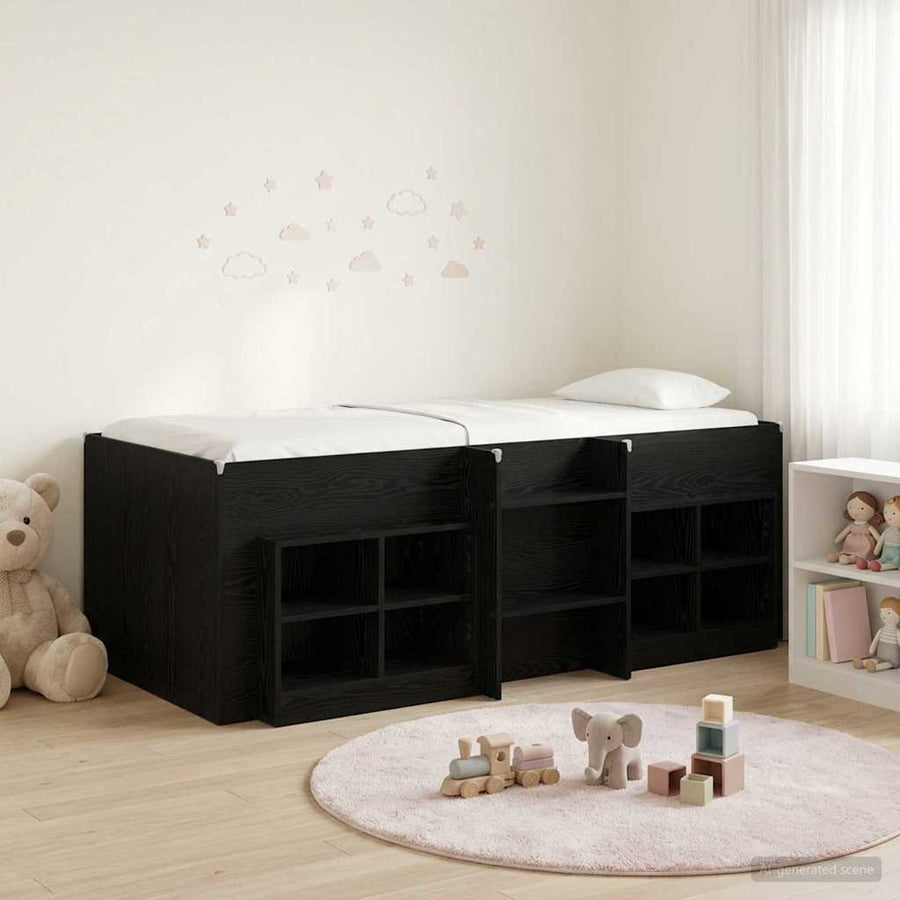 Loft Bed Frame met Kast met plank 3 st Zwart Bewerkt hout
