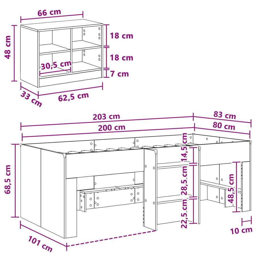 Loft Bed Frame met Kast met plank 3 st Zwart Bewerkt hout