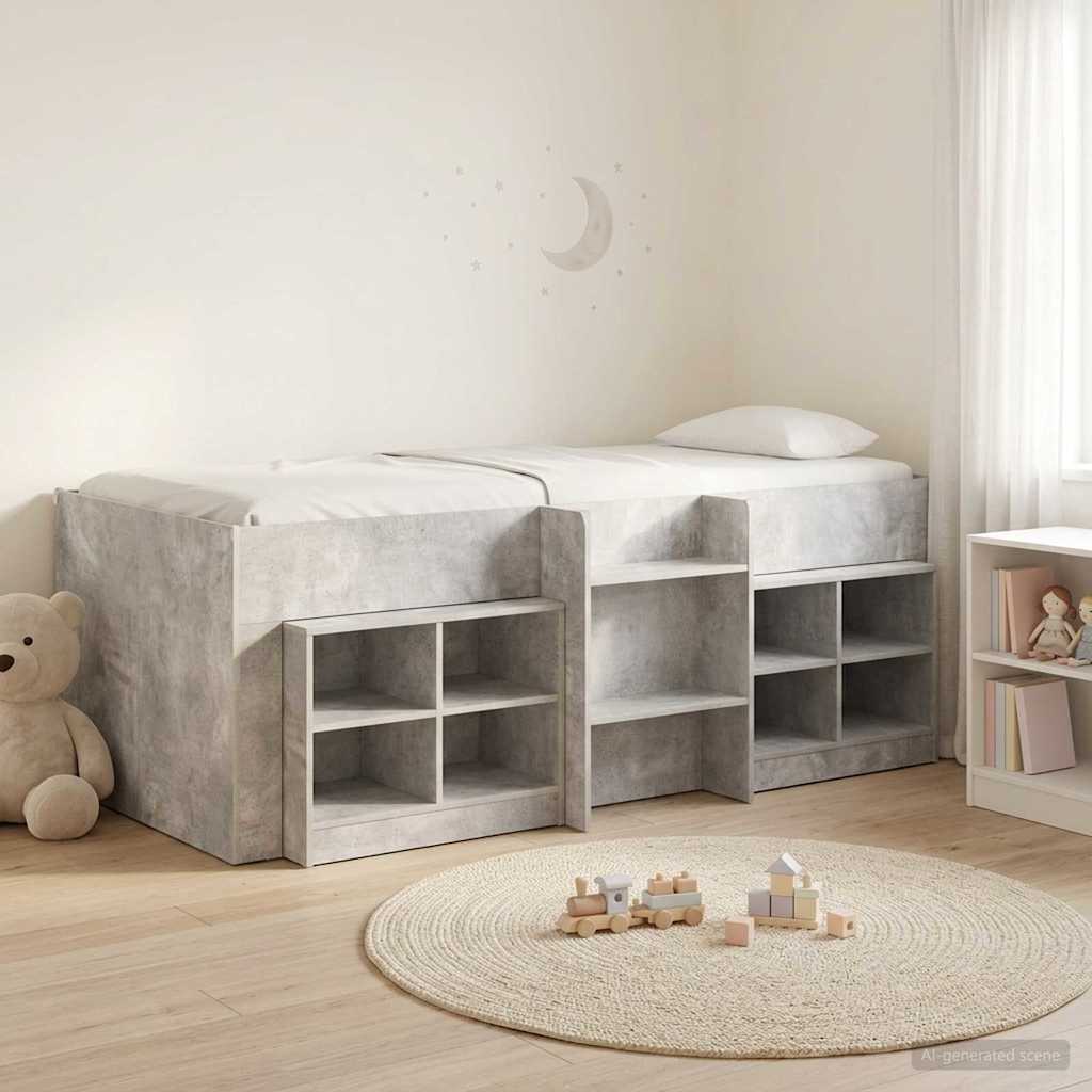 Loft Bed Frame met Kast met plank 3 st Betongrijs Bewerkt hout