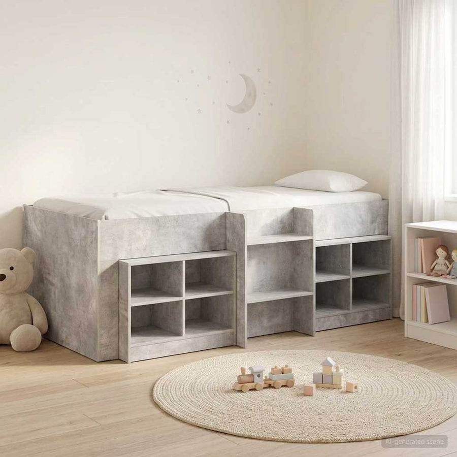 Loft Bed Frame met Kast met plank 3 st Betongrijs Bewerkt hout