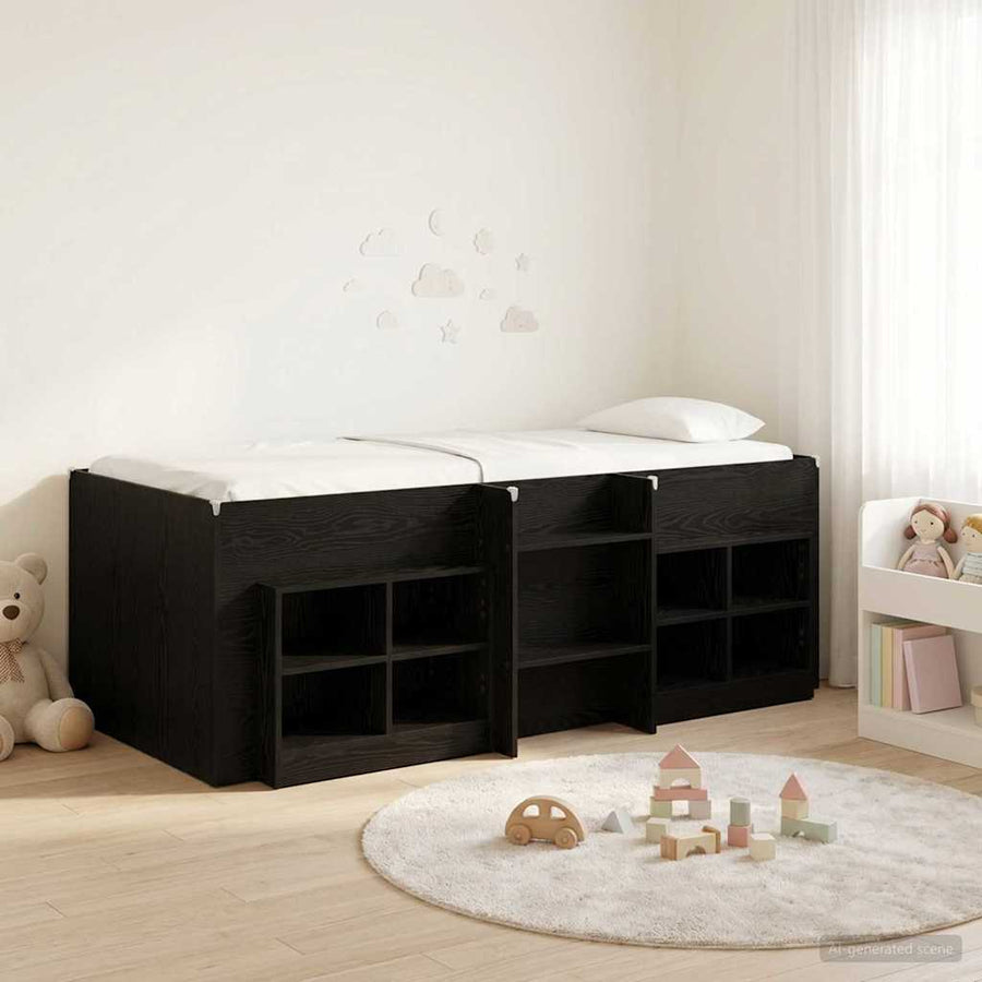 Loft Bed Frame met Kast met plank 3 st Zwart Bewerkt hout