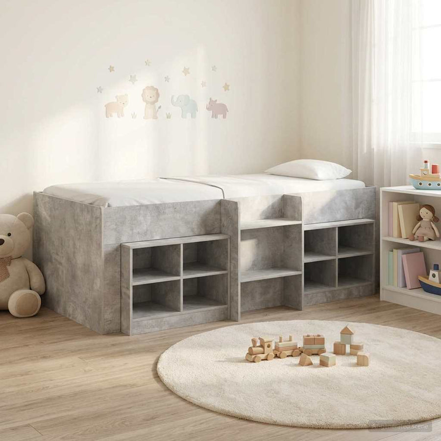 Loft Bed Frame met Kast met plank 3 st Betongrijs Bewerkt hout