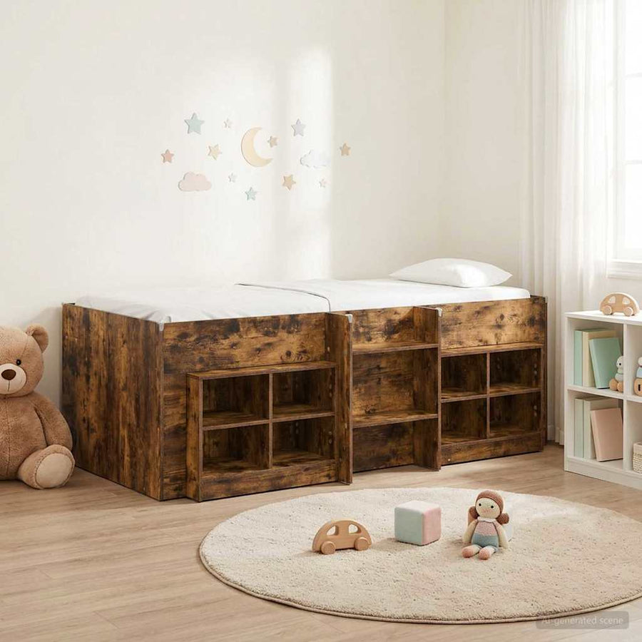 Loft Bed Frame met Kast 3 st Gerookt eiken Bewerkt hout
