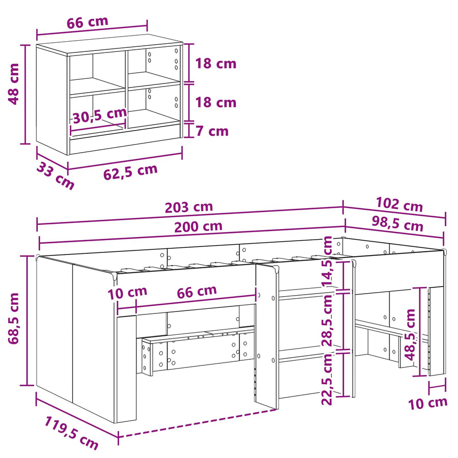 Loft Bed Frame met Kast met plank 3 pcs Wit Bewerkt hout