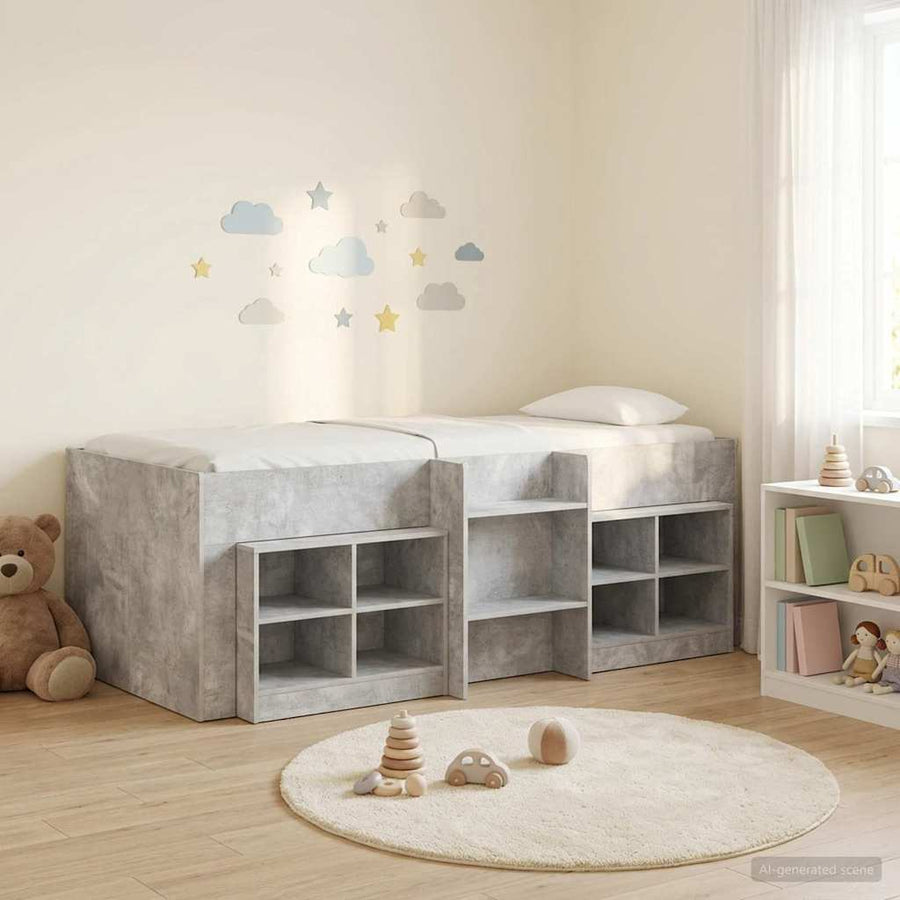 Loft Bed Frame met Kast met plank 3 st Betongrijs Bewerkt hout