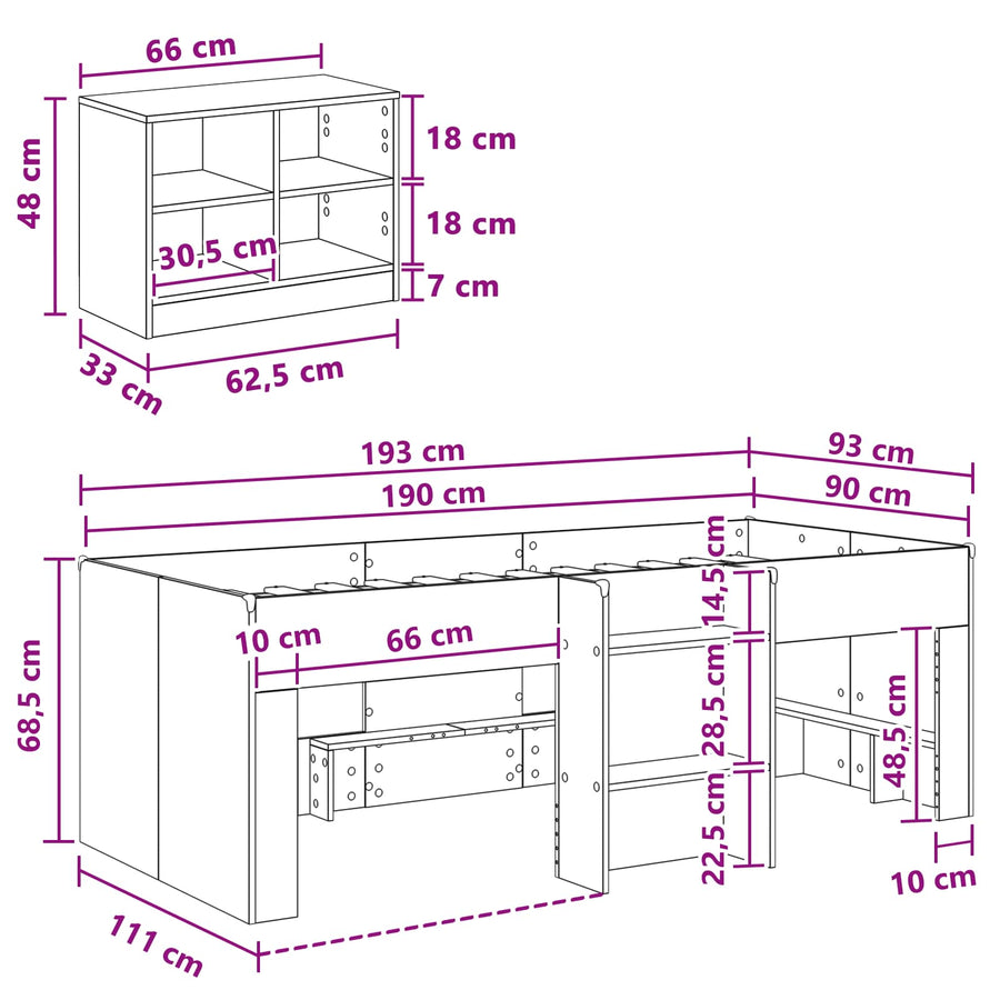 Loft Bed Frame met Kast met plank 3 pcs Wit Bewerkt hout