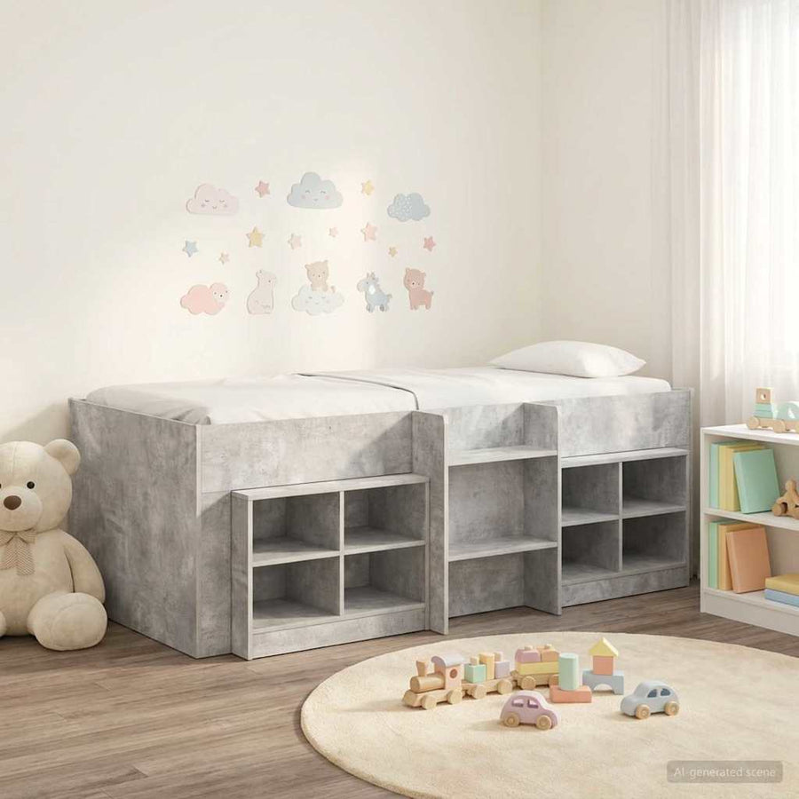 Loft Bed Frame met Kast met plank 3 st Betongrijs Bewerkt hout