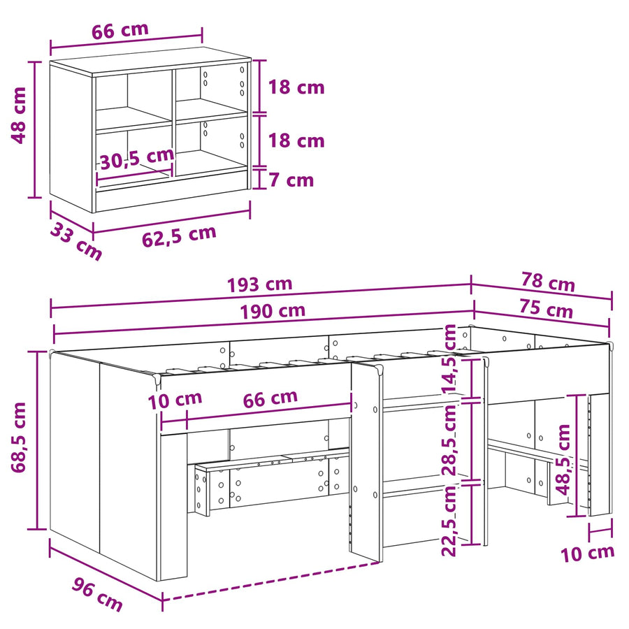 Loft Bed Frame met Kast met plank 3 pcs Wit Bewerkt hout