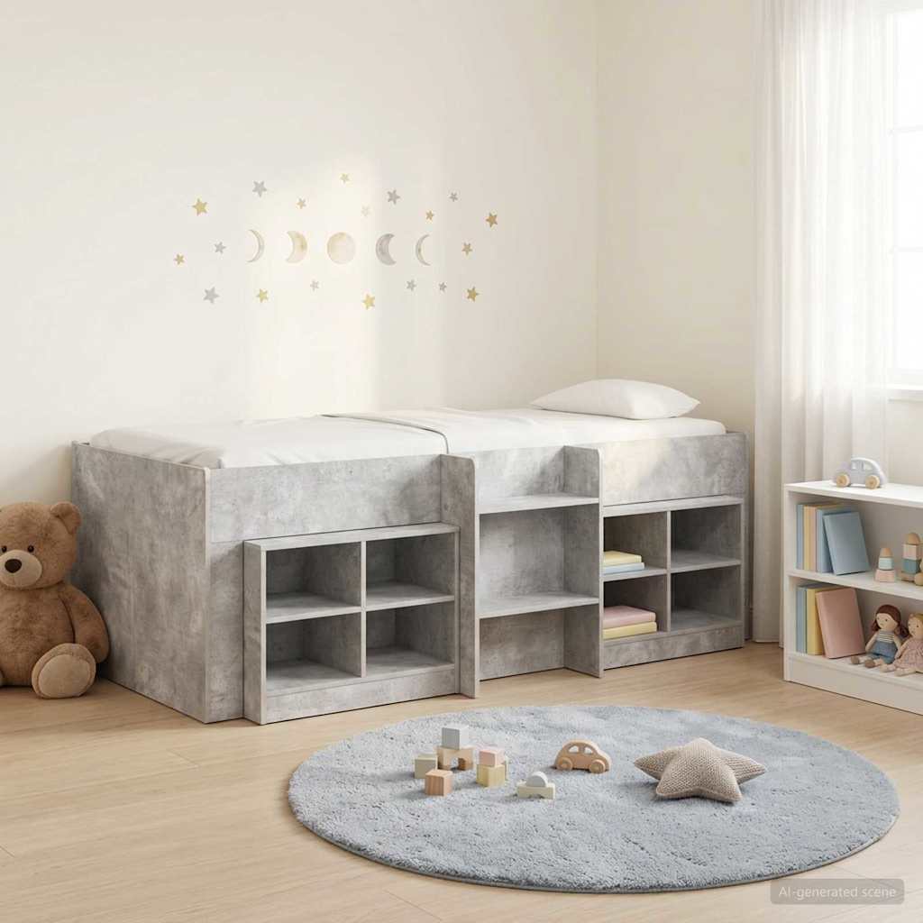 Loft Bed Frame met Kast met plank 3 st Betongrijs Bewerkt hout