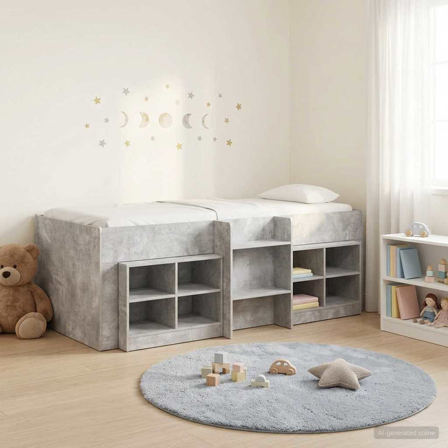 Loft Bed Frame met Kast met plank 3 st Betongrijs Bewerkt hout