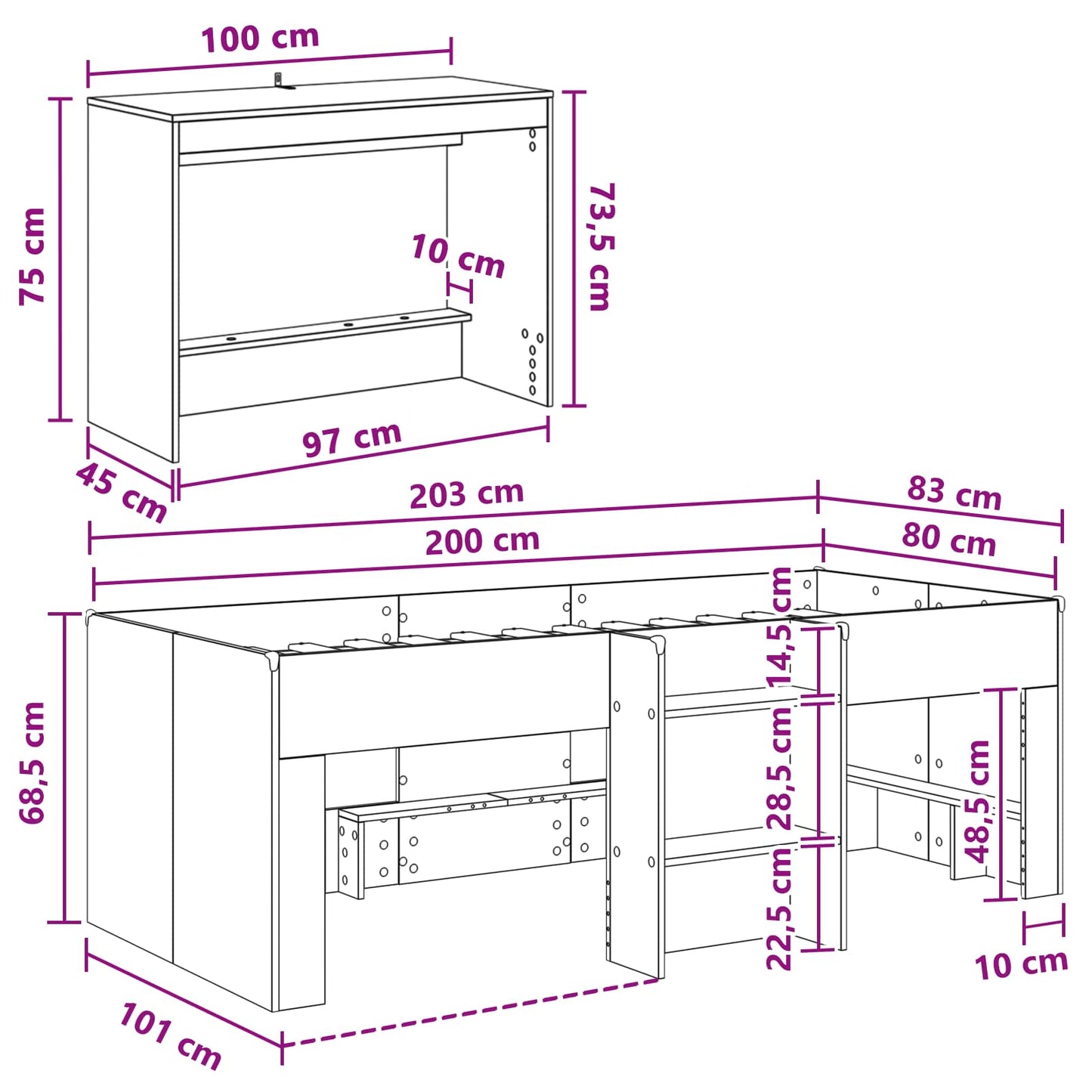Hoge Bed Frame met Bureau voor Kinderen Wit 80 x 200 cm