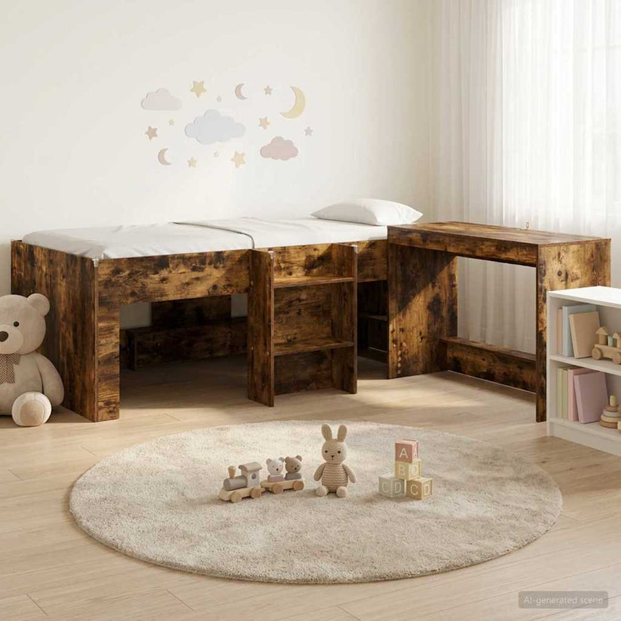 Hoge Bed Frame met Bureau voor Kinderen 2 st Gerookt eiken