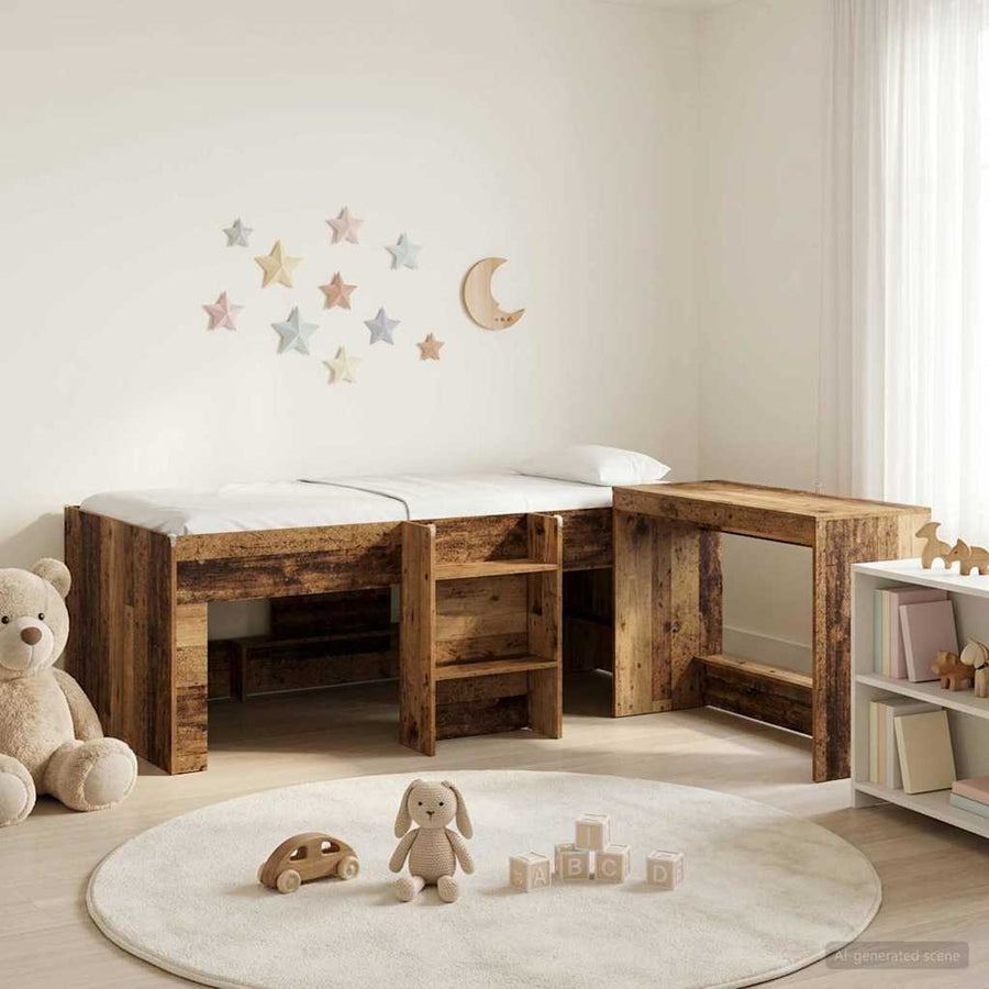 Hoge Bed Frame met Bureau voor Kinderen 2 st Oud hout