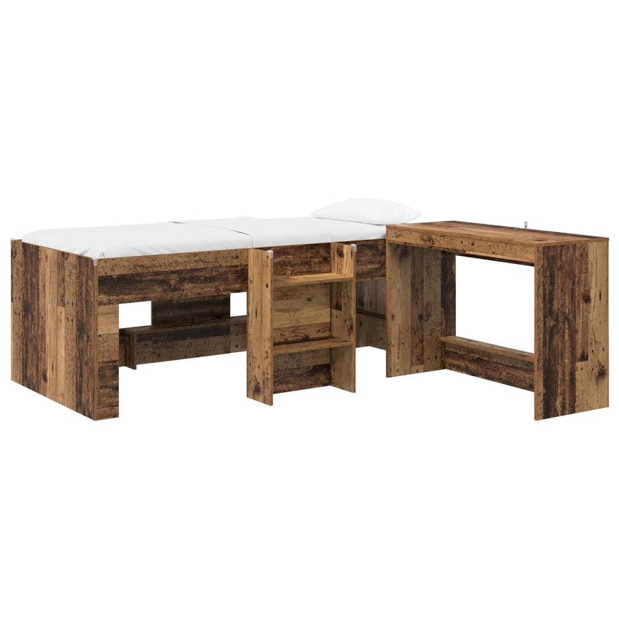 Hoge Bed Frame met Bureau voor Kinderen 2 st Oud hout