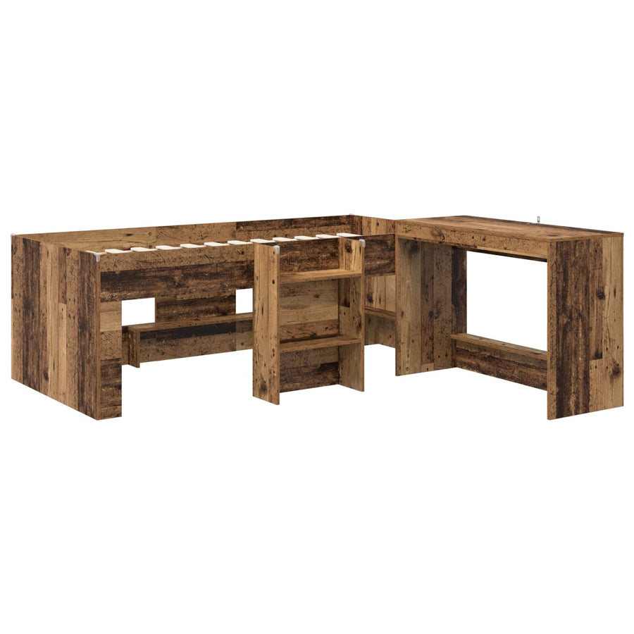 Hoge Bed Frame met Bureau voor Kinderen 2 st Oud hout