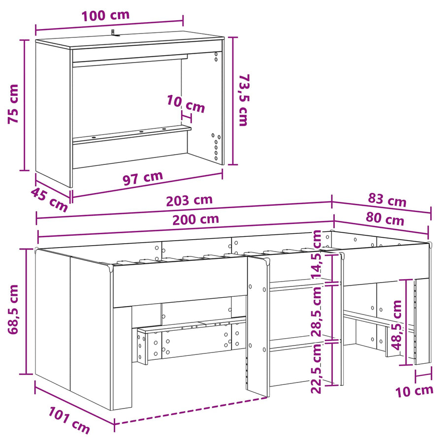 Hoge Bed Frame met Bureau voor Kinderen 2 st Oud hout