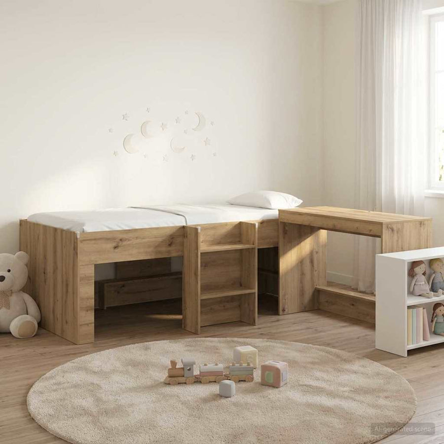 Hoge Bed Frame met Bureau voor Kinderen 2 st Artisanaal eiken