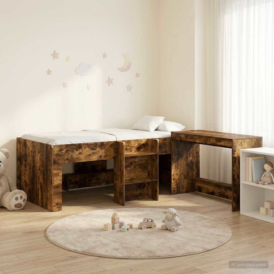 Bedframe met Bureau 2 st Gerookt eiken Bewerkt hout