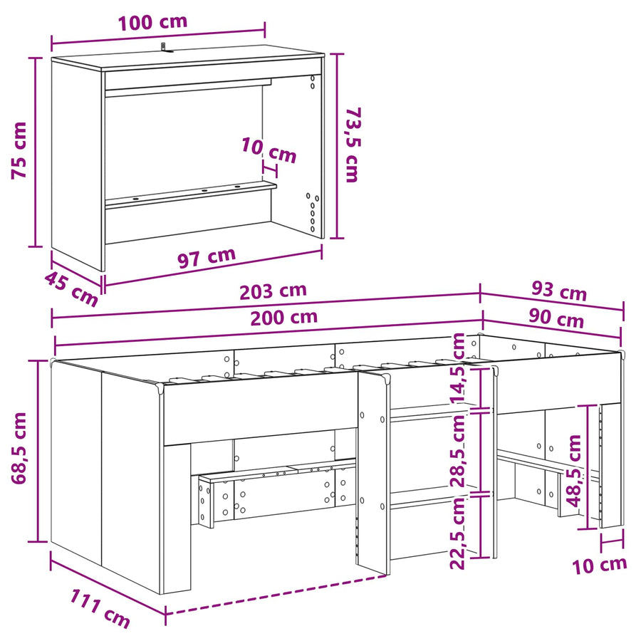 Bedframe met Bureau 2 st Grijs Sonoma Bewerkt hout
