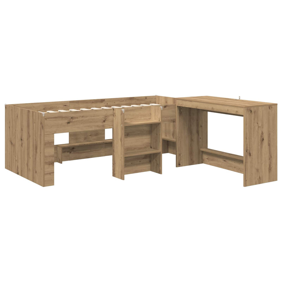 Bedframe met Bureau 2 st Artisanaal eiken Bewerkt hout