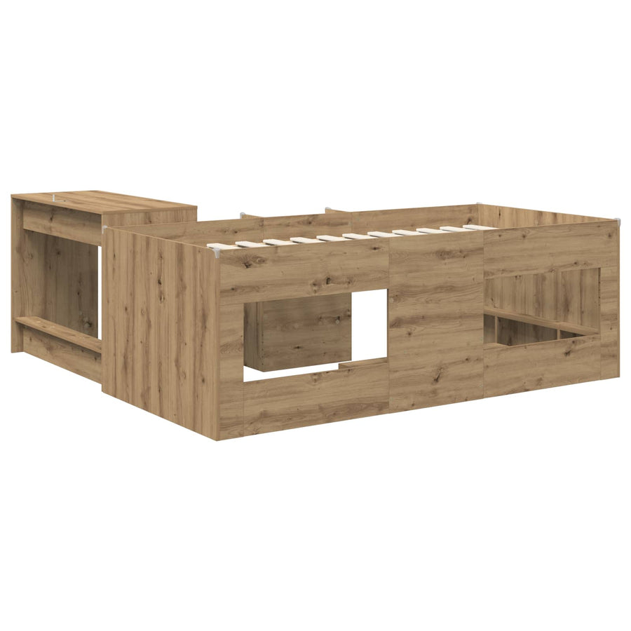 Bedframe met Bureau 2 st Artisanaal eiken Bewerkt hout