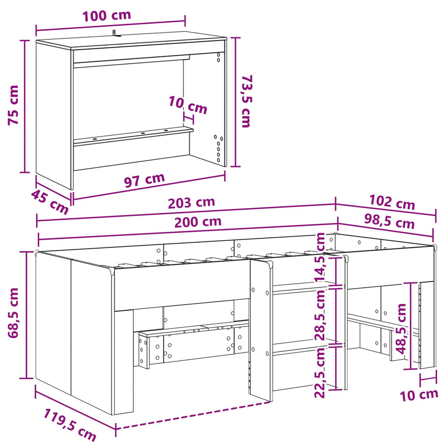 Hoge Bed Frame met Bureau voor Kinderen Wit 98.5 x 200 cm