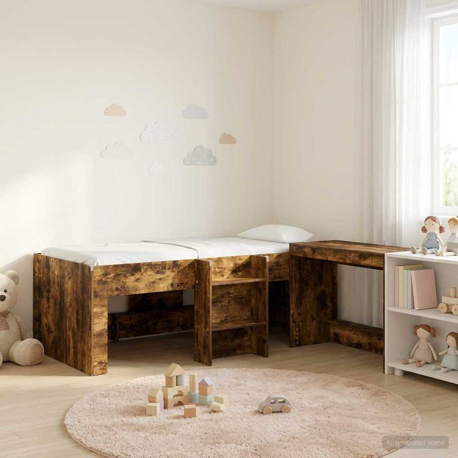 Hoge Bed Frame met Bureau voor Kinderen 2 st Gerookt eiken